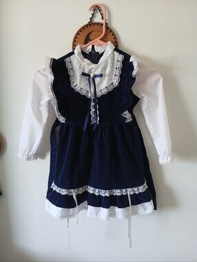 Vintage Navy Blue and White Girls Formal Dress with Lace